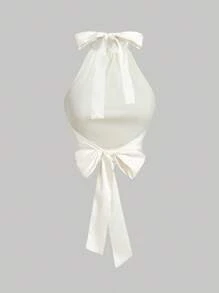 SHEIN MOD Áo cánh buộc nơ cổ đứng bằng vải satin màu mơ - Màu be - Xem 2