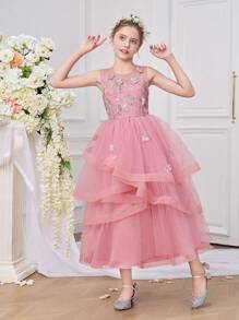 Tween Girl Long Embroidered Layered Ruffled Hem Tutu Dress With Round Neck, Pink, Suitable For Wedding, Party, Birthday, Events - Dusty Pink - View 2