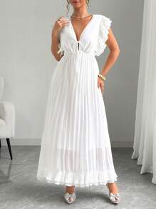 SHEIN Unity Plus Size Women Solid Deep V-Neck Tie Front Ruffle Sleeve Pleated Hem Elegant Dress - White - View 4