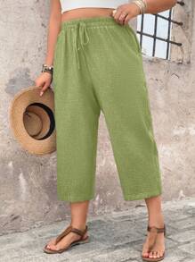 SHEIN Clasi Plus Size Women Casual Textured Capri Pants, Comfortable Daily Wear For Spring/Summer Countryside Vacation - Green - View 6