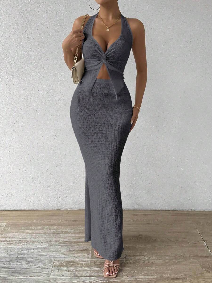 Chiquease 2pcs/Set Solid Color Twisted Backless Halter Top And Skirt, Sexy Summer Outfit - Grey - View 1
