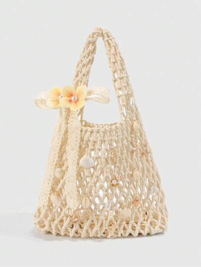 Fairycore 1pc Fashionable Personalized Spring/Summer Beach Vacation Style Orange Ocean Woven Beach Bag, Large Size Women Handbag