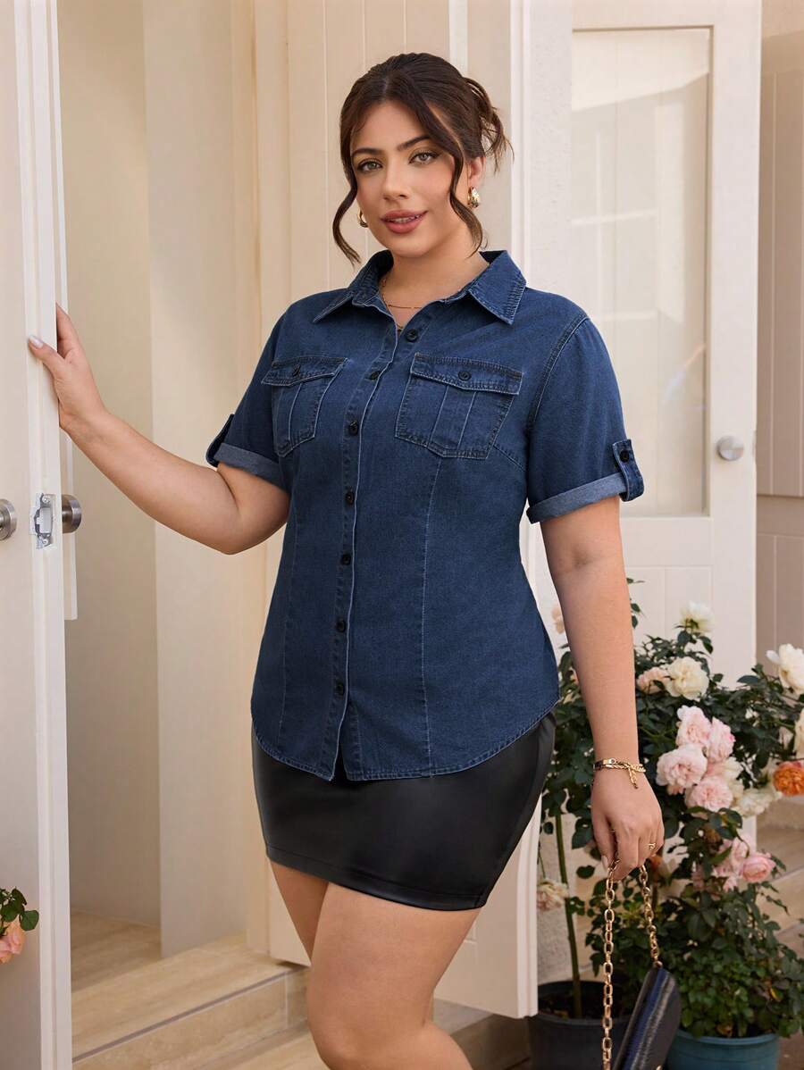 SHEIN Essnce 大码女式卷袖实用口袋单排扣牛仔夹克 - 藍色 - 查看 1