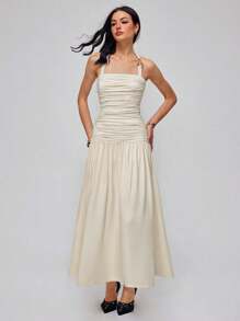 Roylia Women's Elegant Open Back Tie Design Hollow Out Pleated Dress, Summer Resort Wear - Apricot - View 5