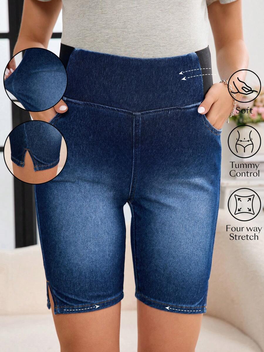 SHEIN Maternity Comfy Washed Denim Shorts With Pockets And Side Slits - Dark Wash - View 1