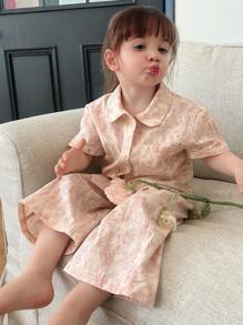 Hapijoa Bộ đồ ngủ quần dài in họa tiết hoa dễ thương cho bé gái mùa hè - Màu Hồng baby - Xem 2