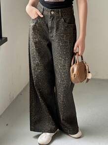 DAZY Teens Girls Leopard Print Denim Jeans - Brown - View 5