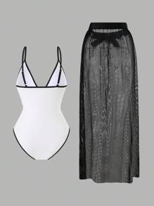 Swim Oasis 2pcs Solid Color Contrast Trim One Piece Swimsuit & Mesh Floral Decor High-End Fashion Swimsuit Set For Women, Summer Beach - Black and White - View 9