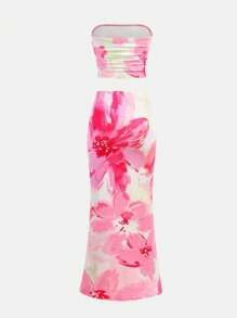 Girlism Conjunto de 2 piezas para adolescentes, top tubo ajustado con estampado tropical y vestido largo maxi