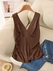 CosyJoli Plus Size Women's Simple V-Neck Pleated Fitted Black Camisole, New Spring Collection,Business Casual Woman - Coffee Brown - View 7