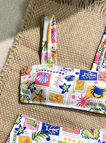 Swim Mod Conjunto de bañador de 2 piezas con cintura alta, ajustado y estampado floral aleatorio, vestimenta casual para playa y vacaciones de verano para mujer