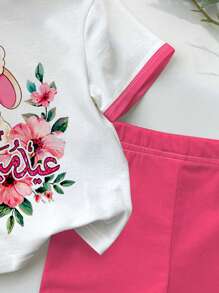 SHEIN Cute Cartoon Sheep Print Pink Eid Al-Adha Spring/Summer Casual Round Neck Short Sleeve T-Shirt & Leggings 2-Piece Set For Young Girl - Multicolor - View 5