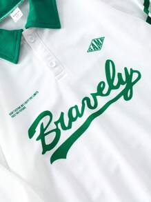 SHEIN 青少年男孩休闲字母印花宽松长袖 Polo 衫