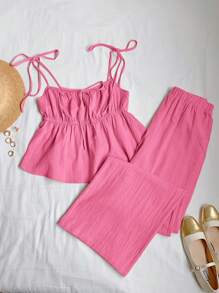 Comfortcana Women Casual Linen Camisole And Pants 2 Pieces Set, Watermelon Pink - Pink - View 3