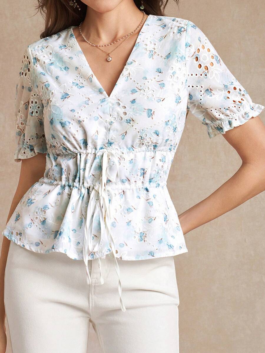 Amorya V-Neck Three-Dimensional Embroidered Printed Waist Cinching Strap With Bowknot Women's Blouse - Multicolor - View 1