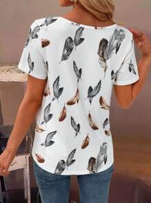 EMERY ROSE Women's Square Neck Elegant Casual Loose Pleated Feather Print Short Sleeve T-Shirt, Summer - White - View 2