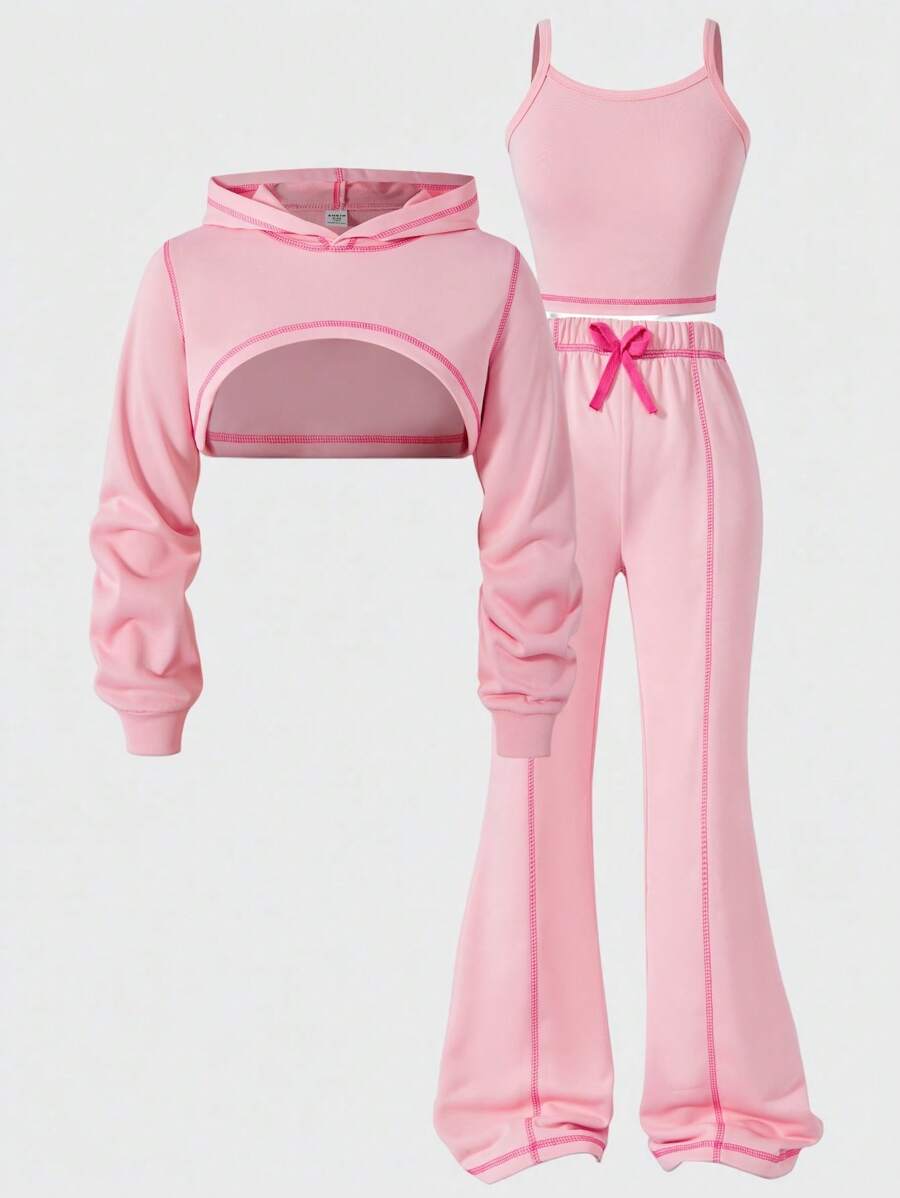 SHEIN Sparklyn Tween Girls 3 件套休闲套装 - 对比色针脚短款连帽衫、细肩带和喇叭裤 - 粉色 - 查看 1