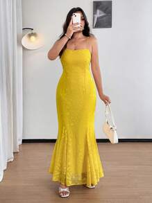 SHEIN Clasi Váy suông đuôi cá jacquard màu trơn thanh lịch cỡ lớn cho nữ, mùa hè - Màu vàng - Xem 4
