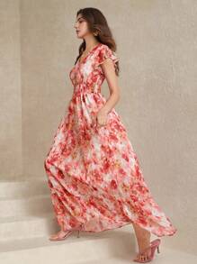 Amorya Women Shirred Tie Dye Floral Print Flare A-Line Ruffle Sleeve Waist Cinched Elegant Fashionable Slimming Long Dress,Bohemian Clothes Fall/Winter Women Clothes Back To School Modest Vintage Old Money Teacher Outfits For Women Airport Beautiful Clothing For Women - Multicolor - View 6