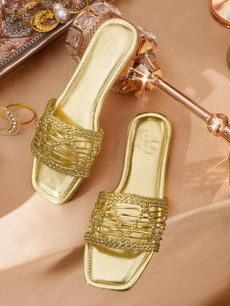CUCCOO TILAWA Women's Fashion Square Toe Casual Slip On Gold Woven Flat Sandals, Comfortable Outdoor Ladies Slippers