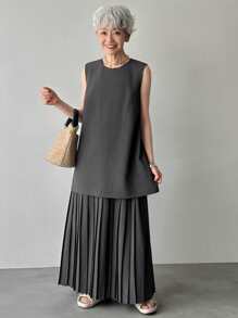 FRIFUL Women Loose Hem Pleated 2 In 1 Long Dress, Solid Color, Summer,Casual Women Dresses