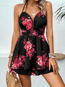 Breezaya Mono floral sexy con espalda descubierta y atar para vacaciones de mujer - Negro - Ver 7