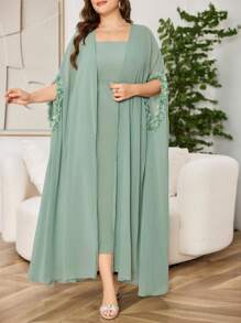 Modelyn 2 件加大码套装：无袖连衣裙配披肩领开衫，花卉图案，优雅奢华，宽松版型，蝙蝠袖，薄荷绿 - 薄荷綠 - 查看 3