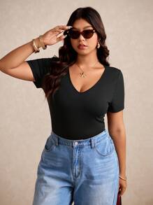 Elaquor V 领纯色 T 恤全黑短款夏季上衣 - 黑色 - 查看 3