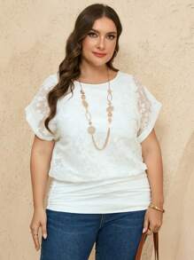 EMERY ROSE 大码女式优雅纯色提花拼布衬衫，夏季 - 白色 - 查看 7