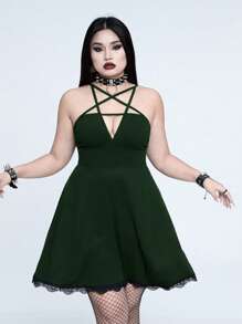 Whyspr 大码春夏深色性感修身休闲百搭大胆前卫领星十字系高腰修身蕾丝拼布下摆日常连衣裙，万圣节 - 墨綠色 - 查看 4