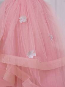 Tween Girl Long Embroidered Layered Ruffled Hem Tutu Dress With Round Neck, Pink, Suitable For Wedding, Party, Birthday, Events - Dusty Pink - View 5