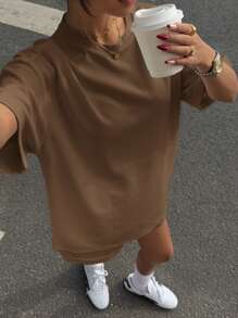 Muchica Kaffeebraunes gestricktes Damen Oversized Top & Shorts Lässig Loungewear Set - Kaffeebraun - Übersicht 4