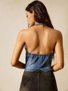 Easelle 夏季女装复古西部嬉皮女牛仔水洗蓝色牛仔露背上衣简约时尚适合音乐节 - 藍色 - 查看 3