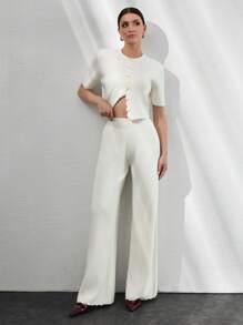 CLARA VERO Women Button Front Mini Buttoned Knit Cardigan Top And Sweater Pant 2pcs Set Co-Ords Cream Two Piece Set Fall Women Clothes Modest Old Money,Petite - Cream - View 3
