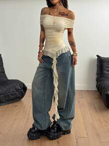 Coolane Camisetas de mujer de verano con volantes asimétricos y hombros descubiertos, de estilo casual, de vacaciones y de conciertos, con estiramiento tipo mantequilla, en estilo Y2K - Albaricoque - Ver 5