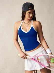 VARSIVA Áo thun nữ không tay ôm dáng, phối màu tương phản, thích hợp cho hoạt động thường ngày và thể thao. - Xanh đậm - Xem 7