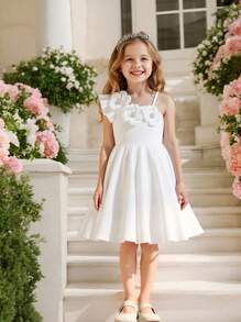 Young Girls White Beaded Floral Decor Waist Flared A-Line Dress, Fashion Suitable For Birthday Party, Summer Summer Holiday