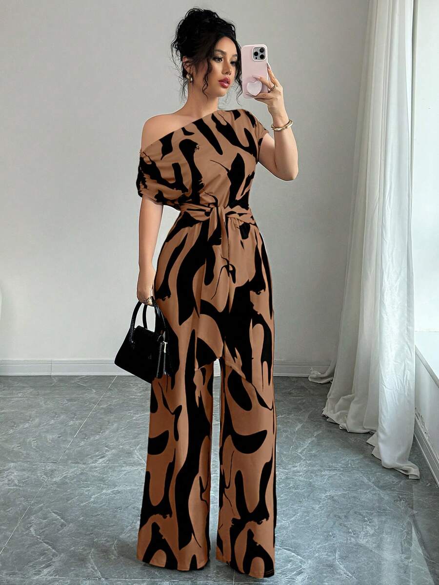 Elenzga 优雅女士不对称腰部褶皱简约修身休闲女士/现代修身连体裤 - 摩卡棕 - 查看 1