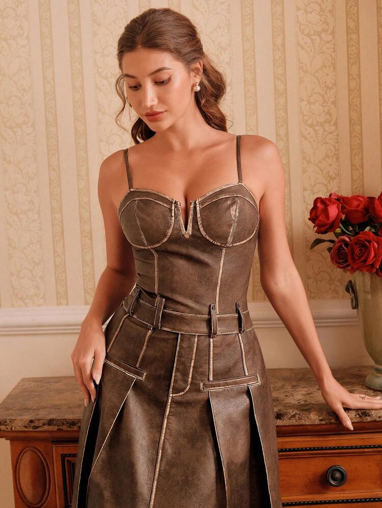 Women's Fashion Vintage Modern Color-Block Ombre PU Leather V-Shaped Bustier Crop Top With Waist Belt And Criss-Cross Back Design, Coffee Color, Spring/Summer