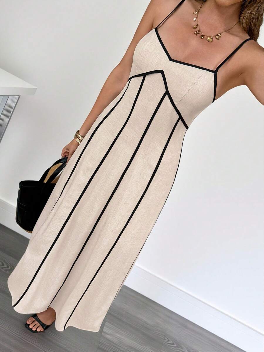 Siren Gaze 夏季新款女士撞色条纹A字吊带连衣裙 - 杏色 - 查看 1