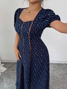 Elenzga 加大码编织碎花随意剪裁优雅连衣裙，立领泡泡袖，腰部荷叶边下摆，A 字长裙，百搭花园派对，外向，独特设计，超值