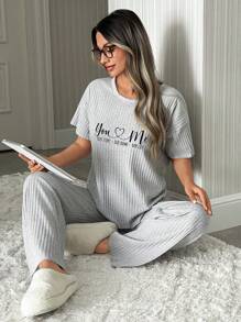 RueChic Women 2 Pcs Contrast Colour Lettered Homewear Short Sleeved & Long Bottom Pajama Set - Light Grey - View 1