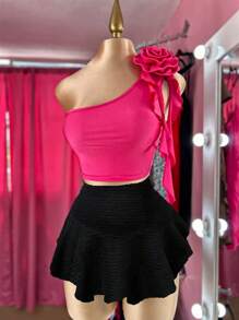 Flirla Plus Size 3D Flower Ruffle Trim Camisole & Asymmetric Hem Textured Skirt Set, Elegant For Vacation, Dates, Parties - Multicolor - View 1