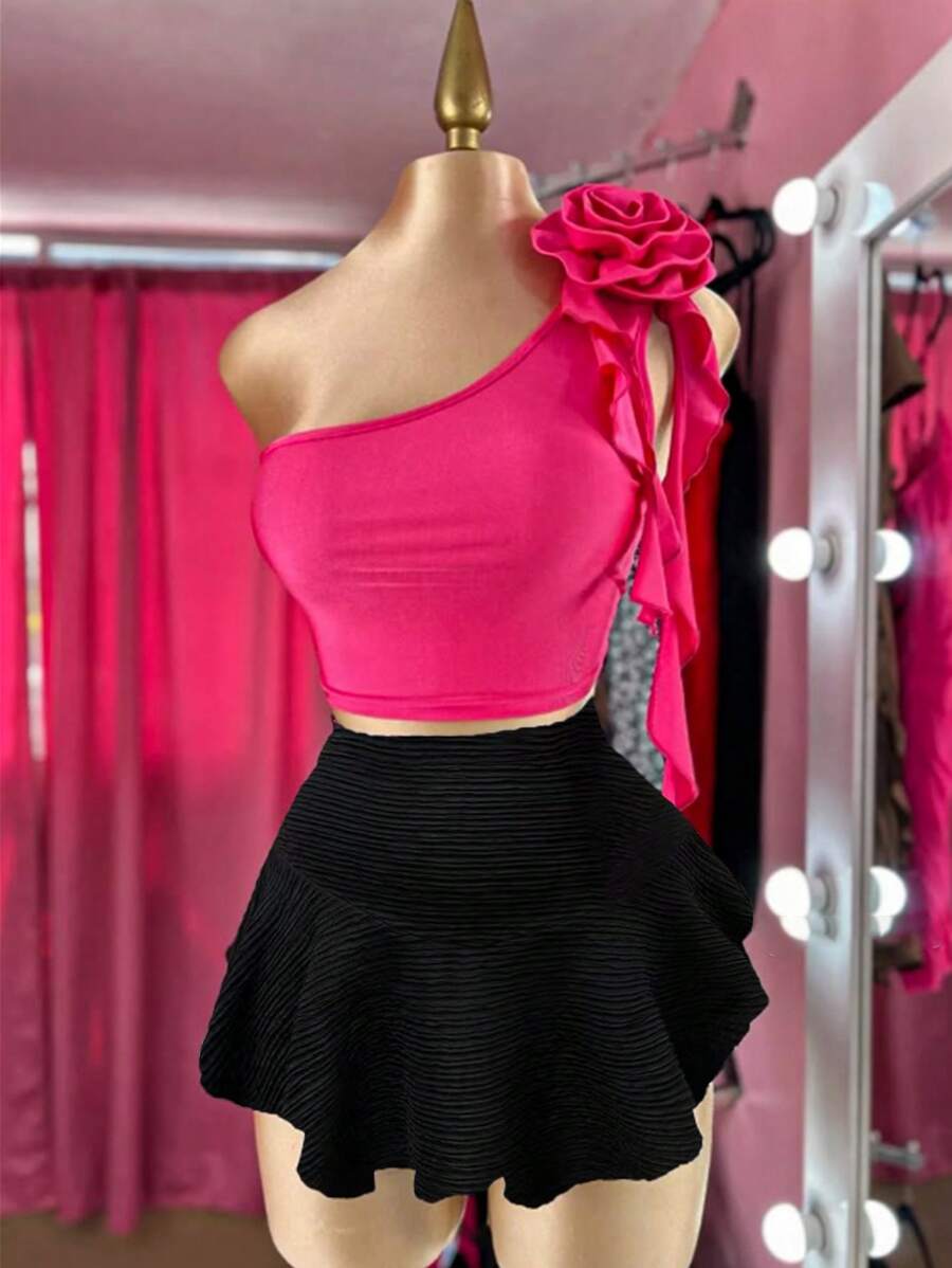 Flirla Plus Size 3D Flower Ruffle Trim Camisole & Asymmetric Hem Textured Skirt Set, Elegant For Vacation, Dates, Parties - Multicolor - View 1