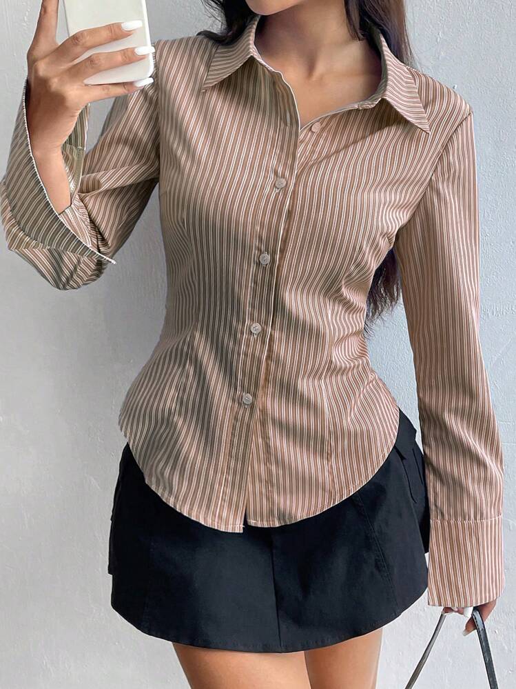 SHEIN Unity Blouse casual/de travail à manches longues et boutonnage simple à rayures pour femmes - Marron - Voir 1