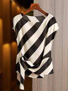 Franclia Women's Striped Commuter Elegant Short Sleeve Blouse - Black - View 1