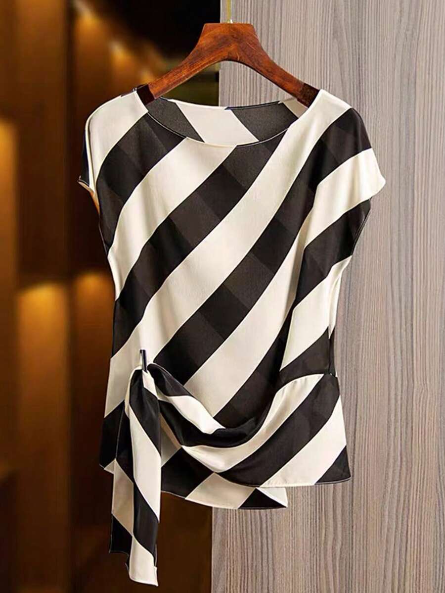 Franclia Women's Striped Commuter Elegant Short Sleeve Blouse - Black - View 1