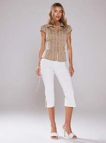 MUSERA Áo sơ mi tay ngắn ôm dáng, cổ bẻ, thắt eo, họa tiết kẻ sọc, thích hợp cho mùa xuân hè, đi nghỉ mát, mặc hàng ngày hoặc phong cách thanh lịch, phù hợp cho kỳ nghỉ. - màu nâu - Xem 4