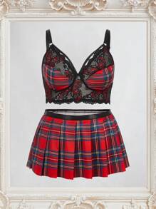 Fantasy Costume 2pcs Plus Size Women Plaid And Lace Sexy Lingerie Set