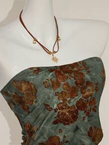 SHEIN ICON 波西米亚风格植绒面料网眼面板不对称下摆紧身胸衣上衣